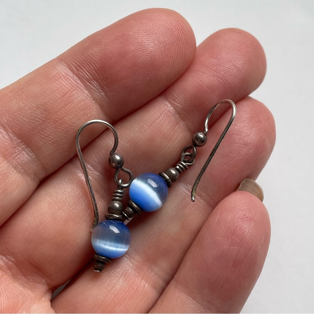 Vintage blue cat’s eye & silver (unmarked?) dangle earrings
